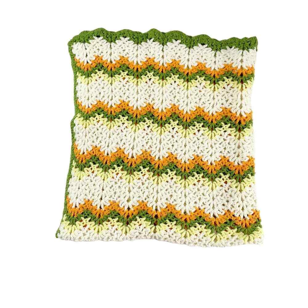 Handmade Crochet Afghan Throw Blanket Green Orange Cream Shell Stitch Scalloped